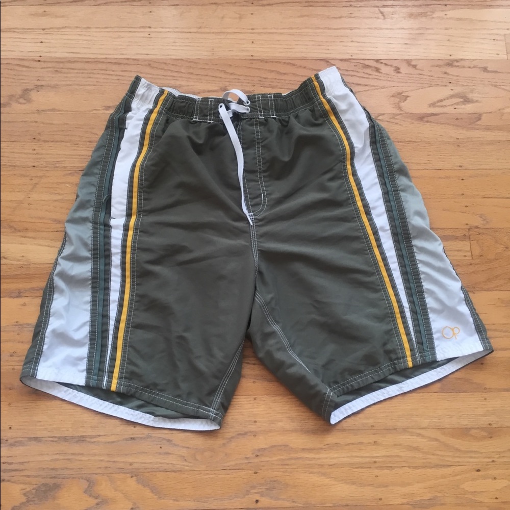Hp! Op green yellow white swim trunks sz L EUC